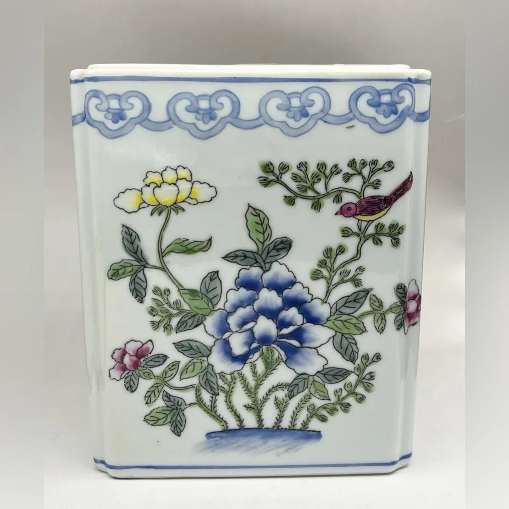 VTG Butterfly Floral Design Japanese Porcelain Ware Flower Frog Brick 3x5x6” EUC